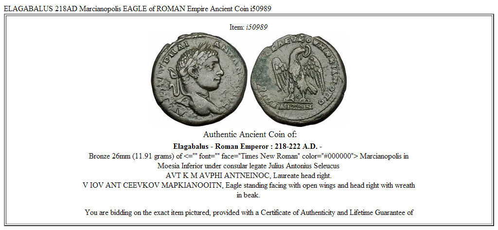 ELAGABALUS 218AD Marcianopolis EAGLE of ROMAN Empire Ancient Coin i50989