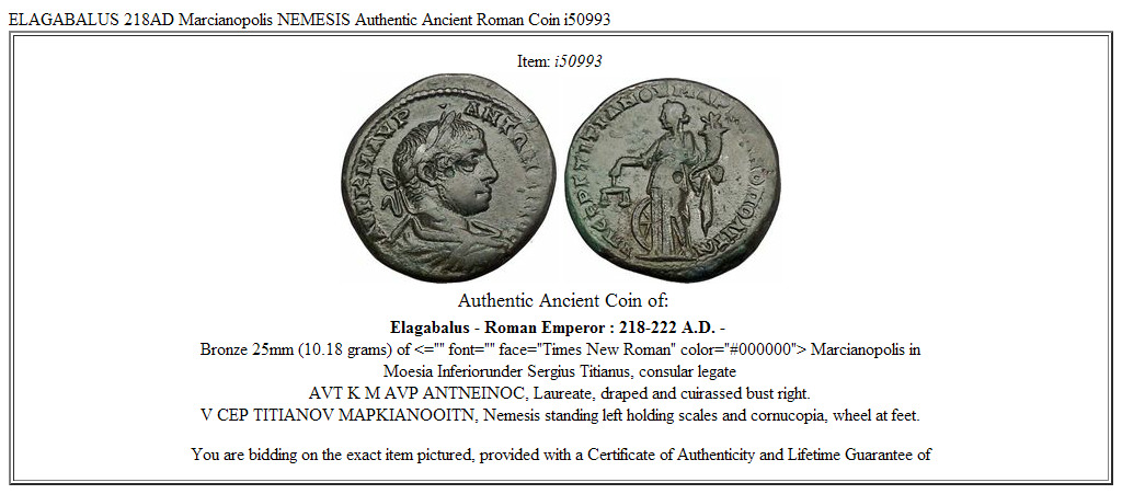 ELAGABALUS 218AD Marcianopolis NEMESIS Authentic Ancient Roman Coin i50993