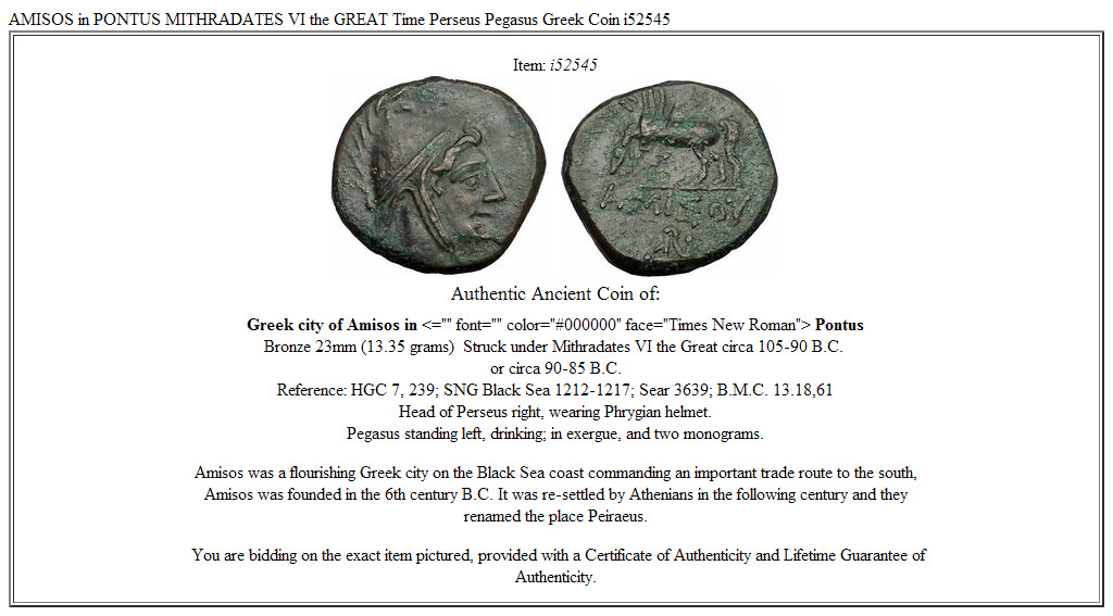 AMISOS in PONTUS MITHRADATES VI the GREAT Time Perseus Pegasus Greek Coin i52545