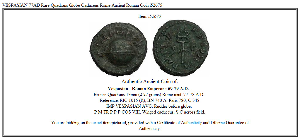 VESPASIAN 77AD Rare Quadrans Globe Caduceus Rome Ancient Roman Coin i52675