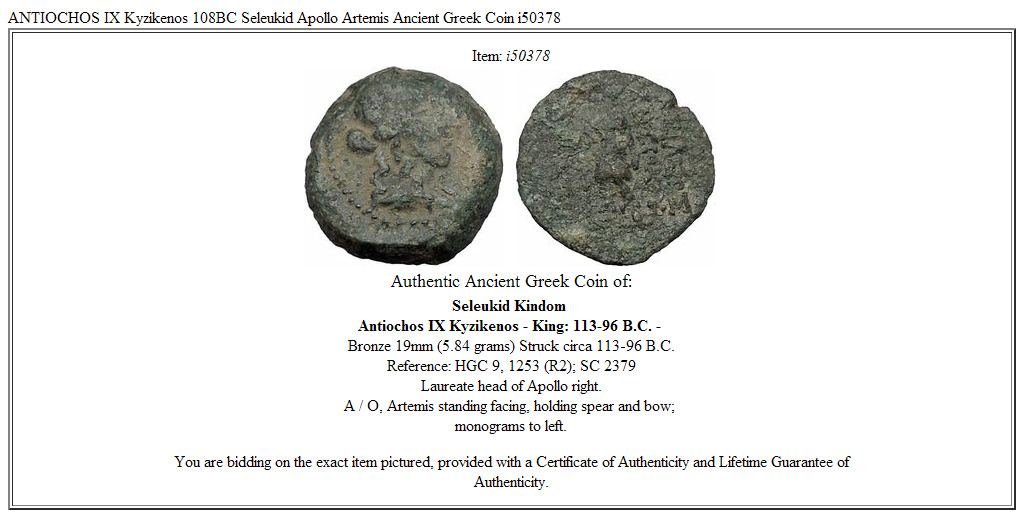 ANTIOCHOS IX Kyzikenos 108BC Seleukid Apollo Artemis Ancient Greek Coin i50378