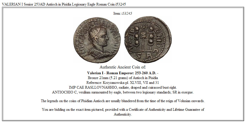 VALERIAN I Senior 253AD Antioch in Pisidia Legionary Eagle Roman Coin i53245
