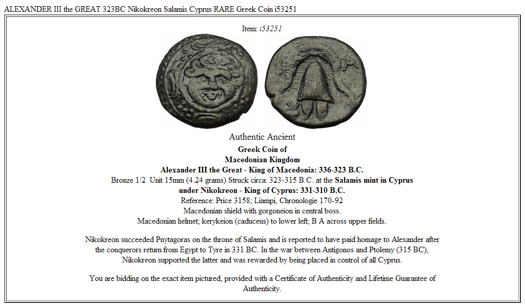 ALEXANDER III the GREAT 323BC Nikokreon Salamis Cyprus RARE Greek Coin i53251