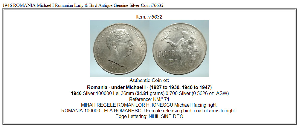 1946 ROMANIA Michael I Romanian Lady & Bird Antique Genuine Silver Coin i76632