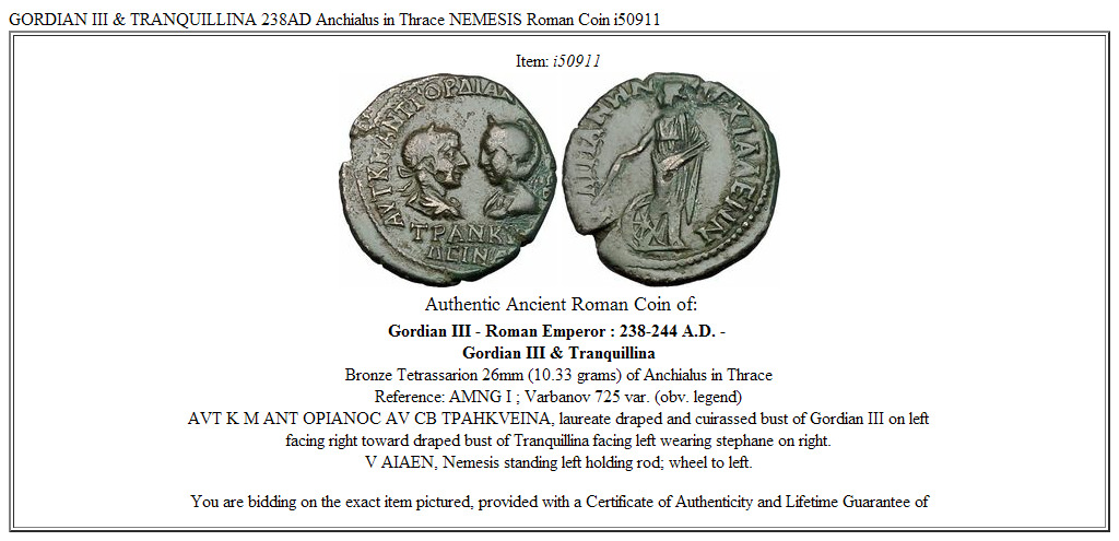 GORDIAN III & TRANQUILLINA 238AD Anchialus in Thrace NEMESIS Roman Coin i50911