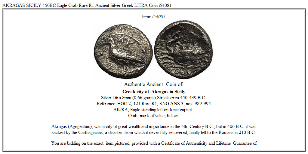 AKRAGAS SICILY 450BC Eagle Crab Rare R1 Ancient Silver Greek LITRA Coin i54081