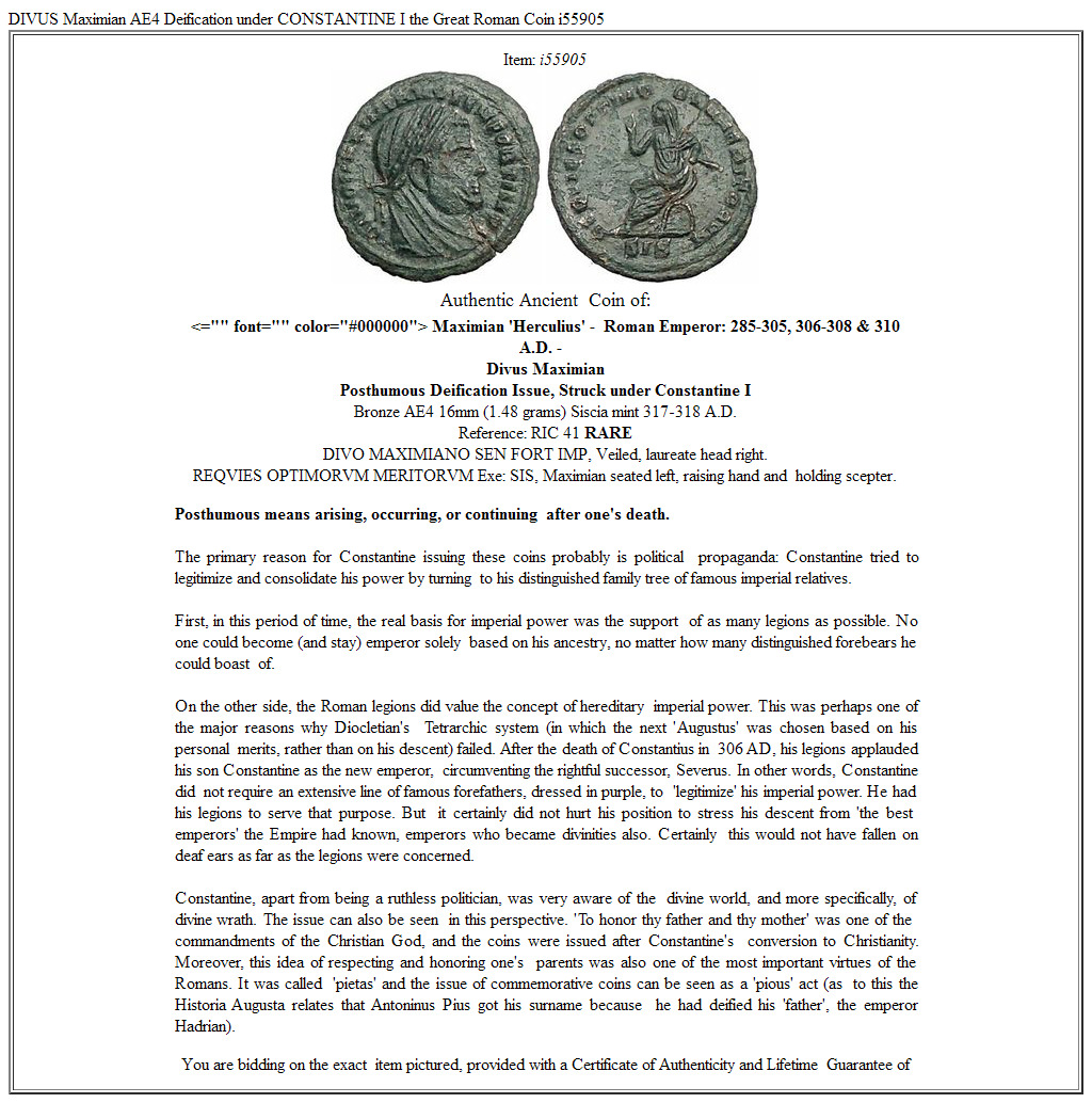 DIVUS Maximian AE4 Deification under CONSTANTINE I the Great Roman Coin i55905