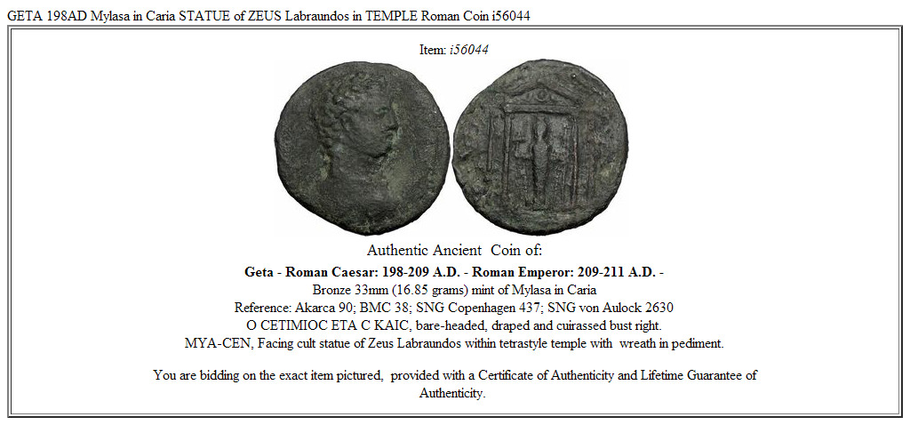 GETA 198AD Mylasa in Caria STATUE of ZEUS Labraundos in TEMPLE Roman Coin i56044