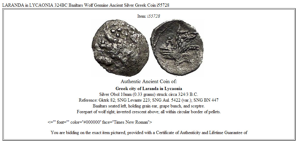 LARANDA in LYCAONIA 324BC Baaltars Wolf Genuine Ancient Silver Greek Coin i55728