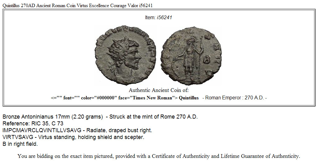 Quintillus 270AD Ancient Roman Coin Virtus Excellence Courage Valor i56241