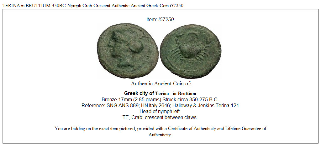 TERINA in BRUTTIUM 350BC Nymph Crab Crescent Authentic Ancient Greek Coin i57250