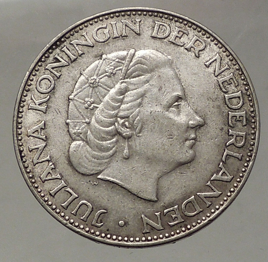 1961 Netherlands Kingdom Queen JULIANA 2½ Gulden Authentic Silver Coin i57756