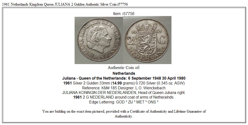 1961 Netherlands Kingdom Queen JULIANA 2½ Gulden Authentic Silver Coin i57756