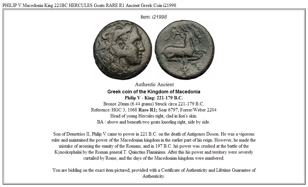 PHILIP V Macedonia King 221BC HERCULES Goats RARE R1 Ancient Greek Coin i21998