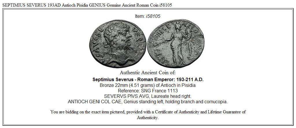 SEPTIMIUS SEVERUS 193AD Antioch Pisidia GENIUS Genuine Ancient Roman Coin i58105