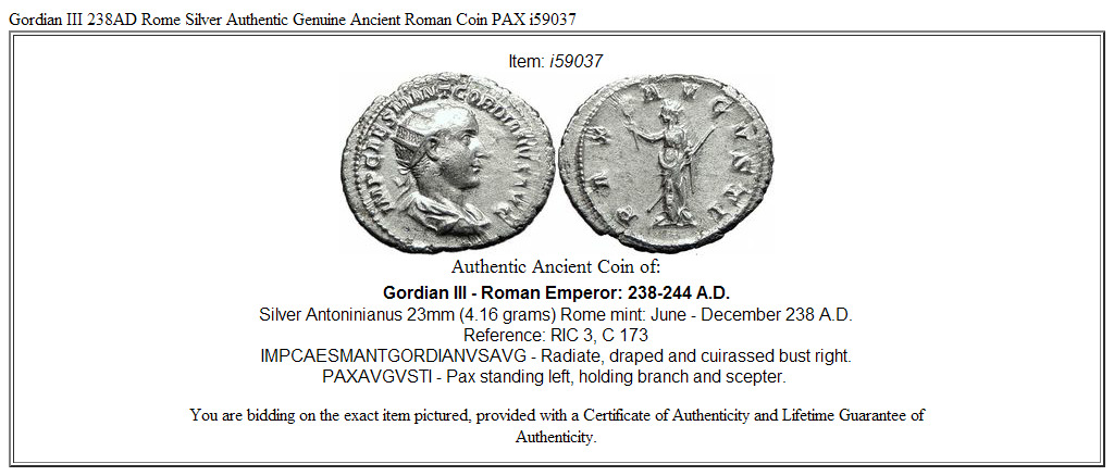 Gordian III 238AD Rome Silver Authentic Genuine Ancient Roman Coin PAX i59037