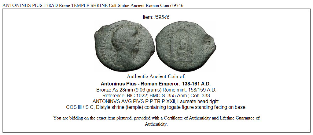 ANTONINUS PIUS 158AD Rome TEMPLE SHRINE Cult Statue Ancient Roman Coin i59546