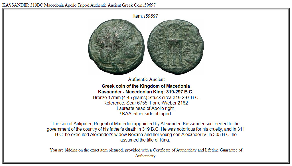 KASSANDER 319BC Macedonia Apollo Tripod Authentic Ancient Greek Coin i59697