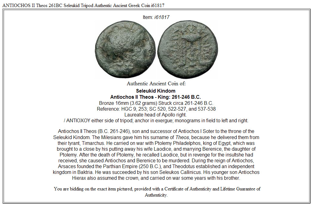 ANTIOCHOS II Theos 261BC Seleukid Tripod Authentic Ancient Greek Coin i61817