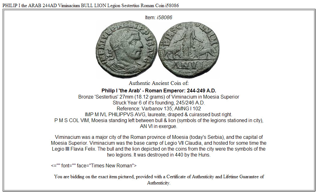 PHILIP I the ARAB 244AD Viminacium BULL LION Legion Sestertius Roman Coin i58086