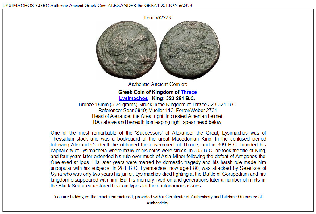 LYSIMACHOS 323BC Authentic Ancient Greek Coin ALEXANDER the GREAT & LION i62373