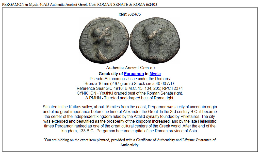 PERGAMON in Mysia 40AD Authentic Ancient Greek Coin ROMAN SENATE & ROMA i62405