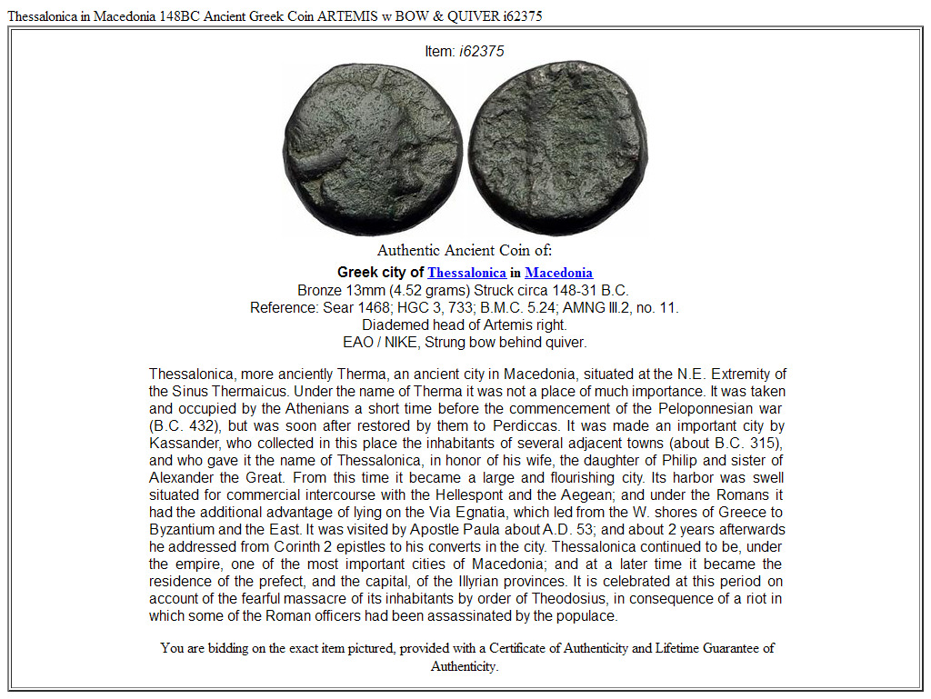 Thessalonica in Macedonia 148BC Ancient Greek Coin ARTEMIS w BOW & QUIVER i62375