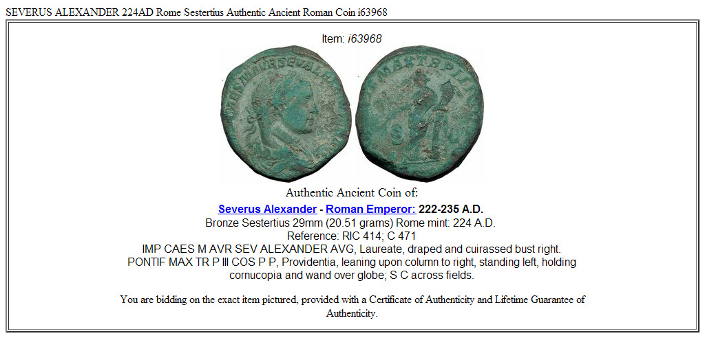 SEVERUS ALEXANDER 224AD Rome Sestertius Authentic Ancient Roman Coin i63968