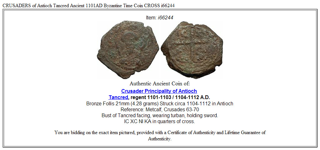 CRUSADERS of Antioch Tancred Ancient 1101AD Byzantine Time Coin CROSS i66244