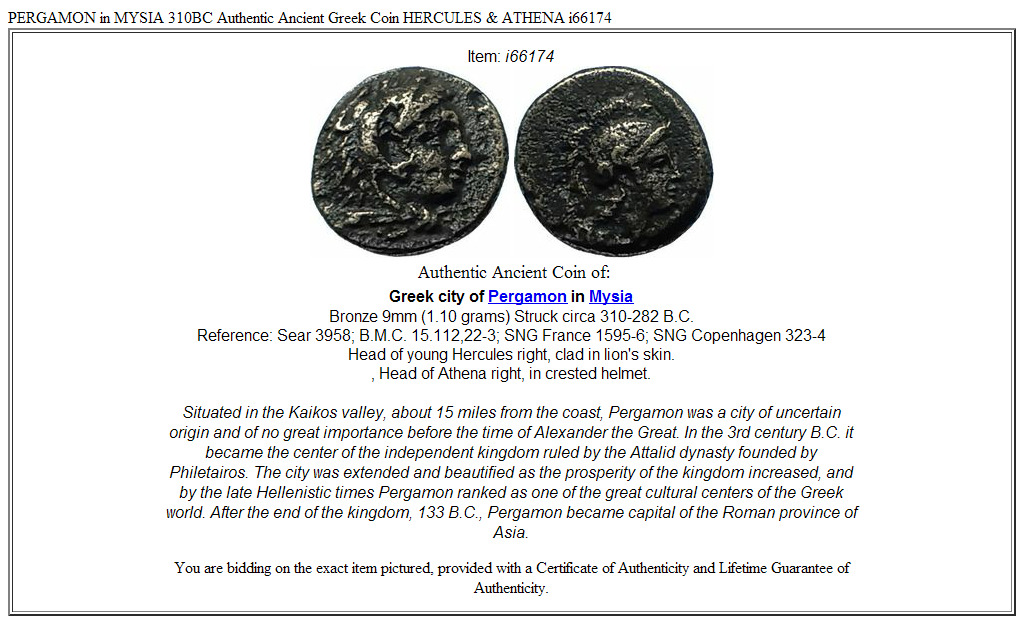PERGAMON in MYSIA 310BC Authentic Ancient Greek Coin HERCULES & ATHENA i66174