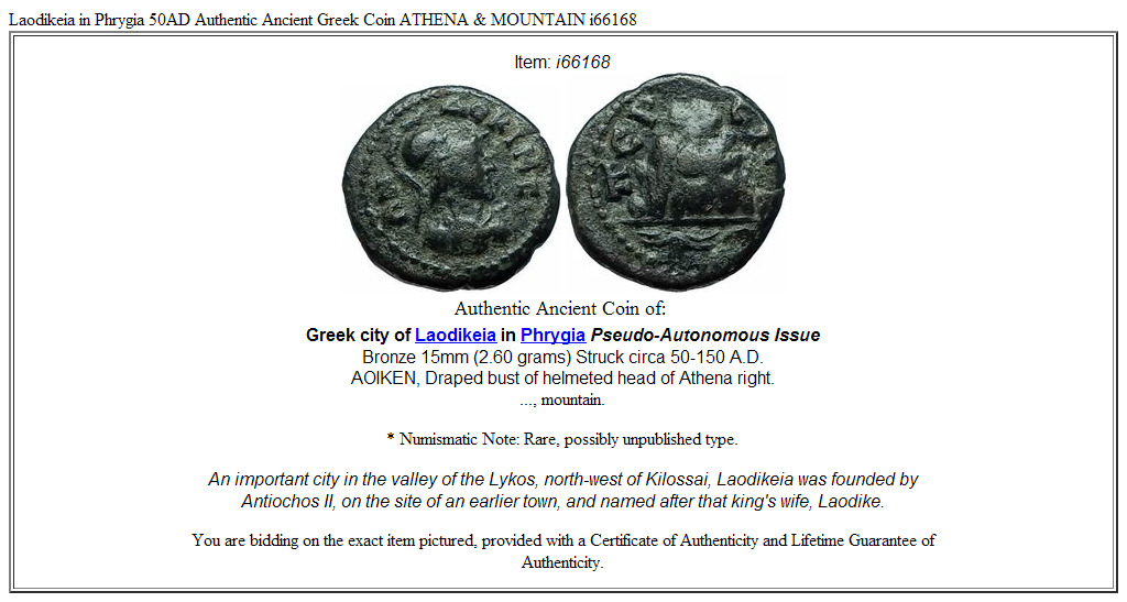 Laodikeia in Phrygia 50AD Authentic Ancient Greek Coin ATHENA & MOUNTAIN i66168