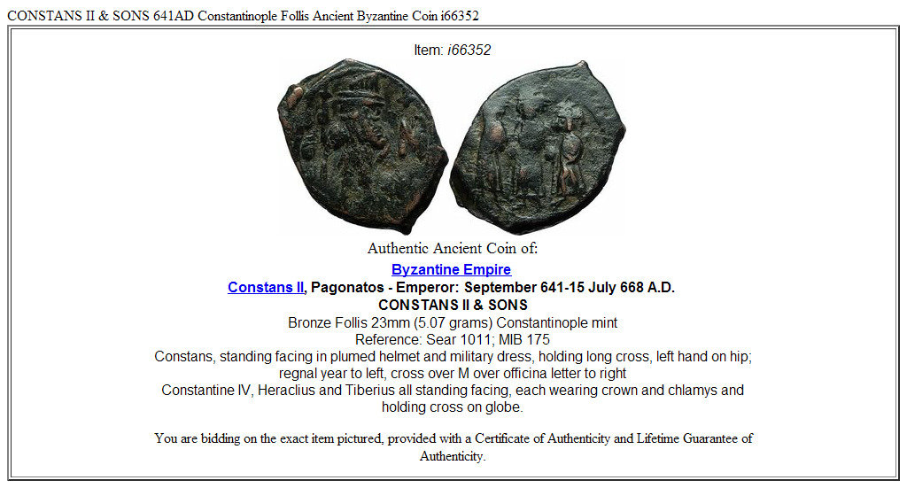 CONSTANS II & SONS 641AD Constantinople Follis Ancient Byzantine Coin i66352