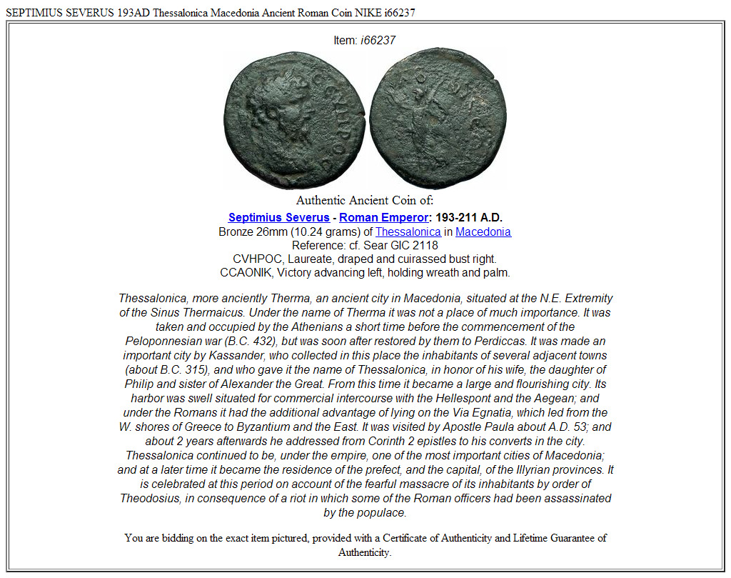 SEPTIMIUS SEVERUS 193AD Thessalonica Macedonia Ancient Roman Coin NIKE i66237