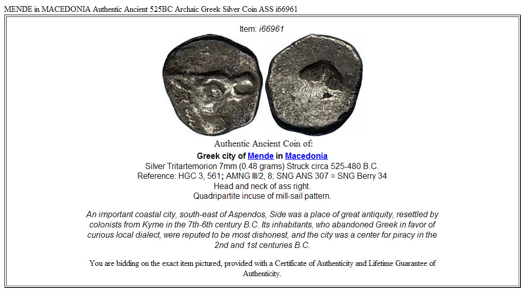 MENDE in MACEDONIA Authentic Ancient 525BC Archaic Greek Silver Coin ASS i66961