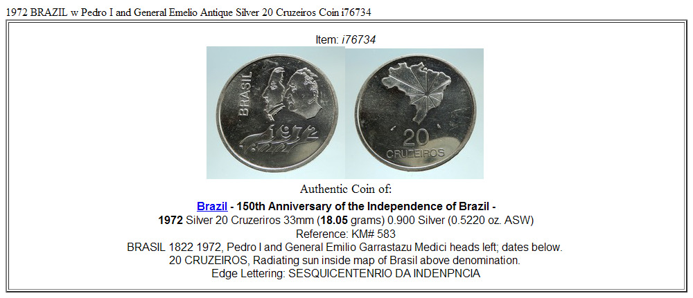 1972 BRAZIL w Pedro I and General Emelio Antique Silver 20 Cruzeiros Coin i76734