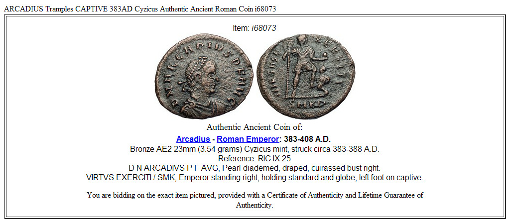 ARCADIUS Tramples CAPTIVE 383AD Cyzicus Authentic Ancient Roman Coin i68073