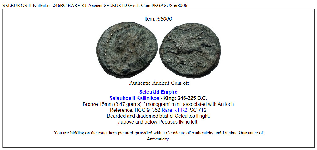 SELEUKOS II Kallinikos 246BC RARE R1 Ancient SELEUKID Greek Coin PEGASUS i68006