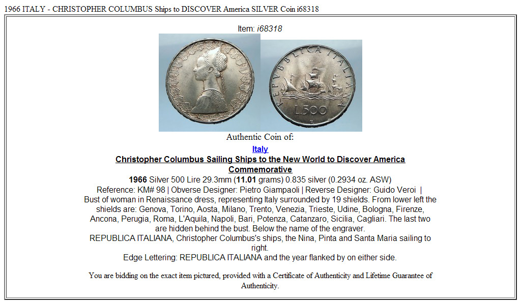 1966 ITALY - CHRISTOPHER COLUMBUS Ships to DISCOVER America SILVER Coin i68318