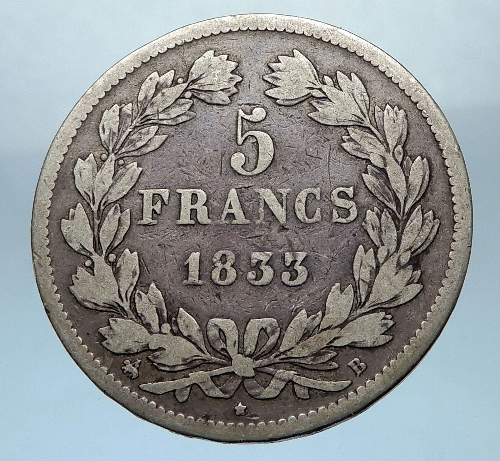 1833 B FRANCE King Louis Philippe I French Silver 5 Francs Coin of Rouen i68310