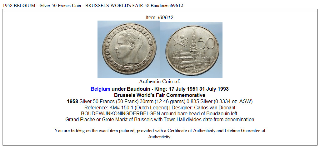 1958 BELGIUM - Silver 50 Francs Coin - BRUSSELS WORLD's FAIR 58 Baudouin i69612