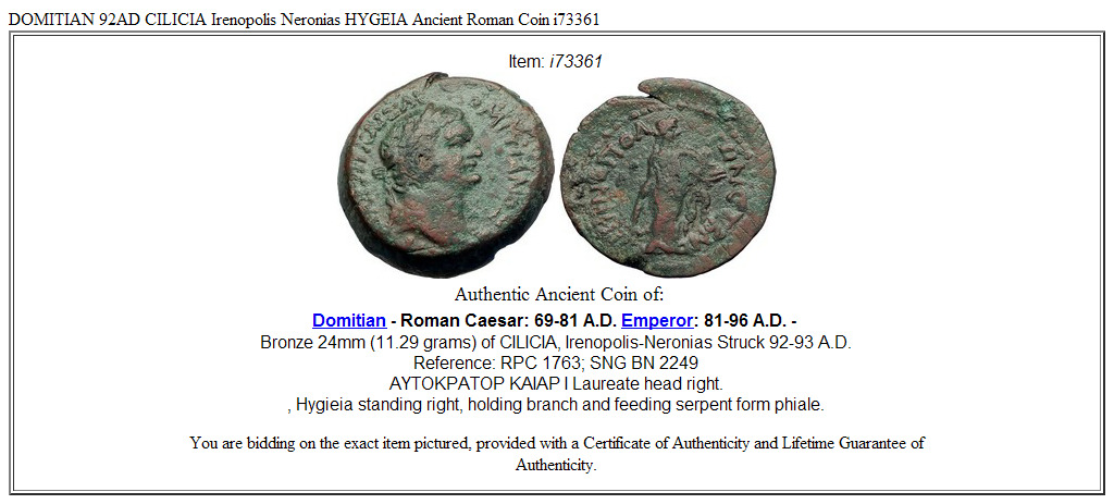 DOMITIAN 92AD CILICIA Irenopolis Neronias HYGEIA Ancient Roman Coin i73361