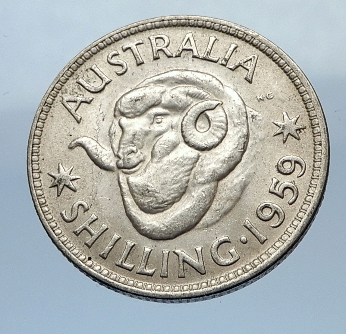 1959 AUSTRALIA UK Queen Elizabeth II of Silver Shilling Vintage Coin RAM i69476