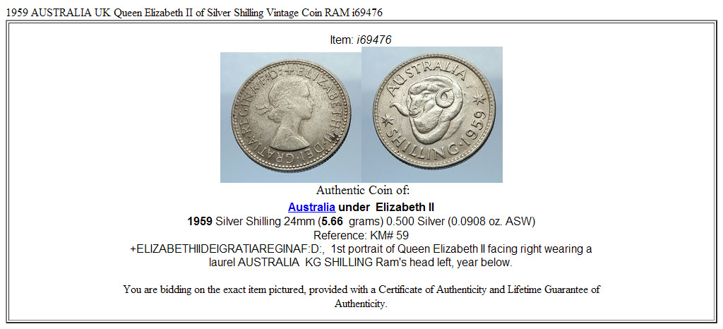 1959 AUSTRALIA UK Queen Elizabeth II of Silver Shilling Vintage Coin RAM i69476