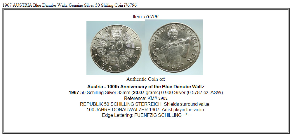 1967 AUSTRIA Blue Danube Waltz Genuine Silver 50 Shilling Coin i76796