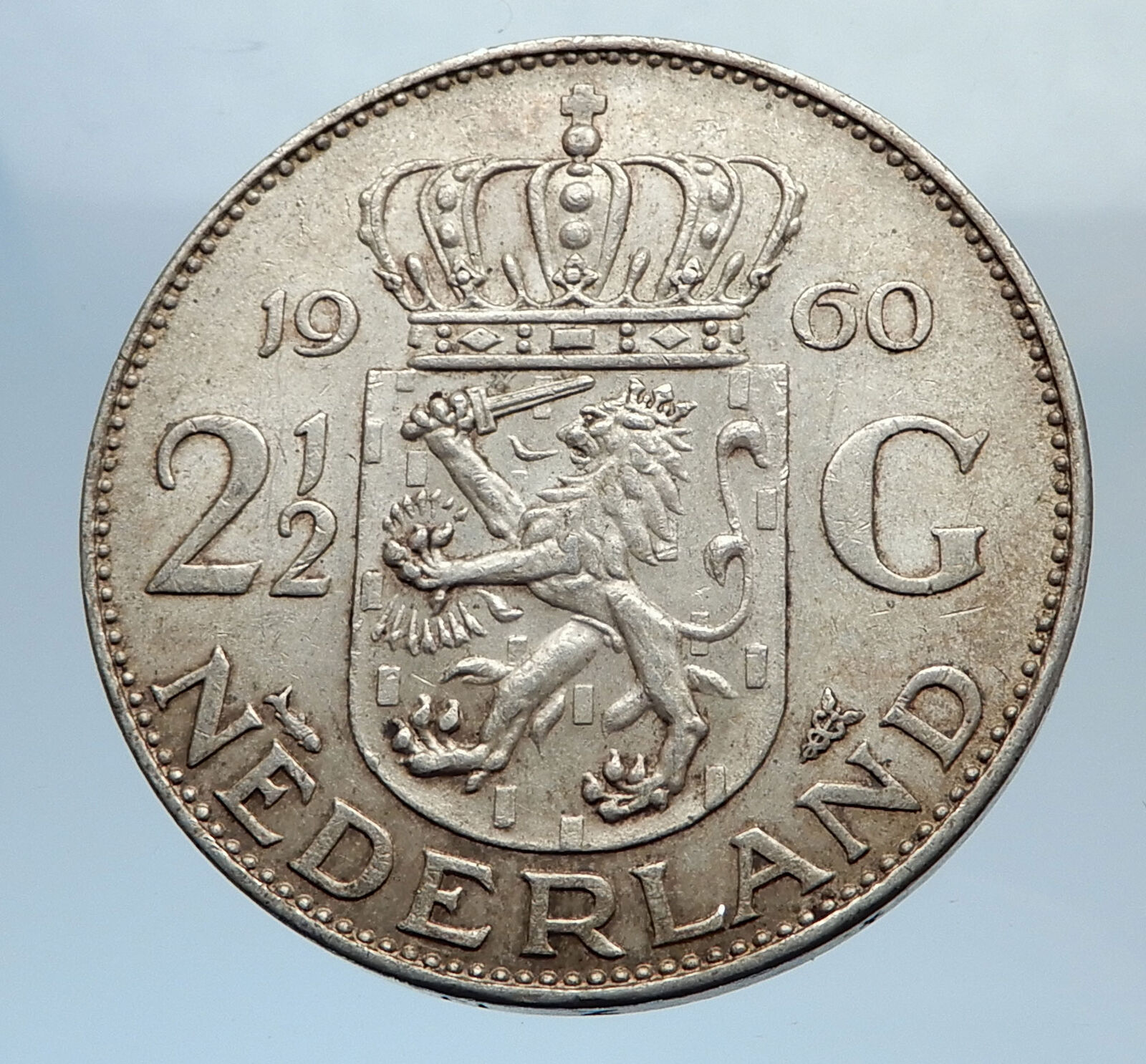 1960 Netherlands Kingdom Queen JULIANA 2 1/2 Gulden Authentic Silver Coin i71591