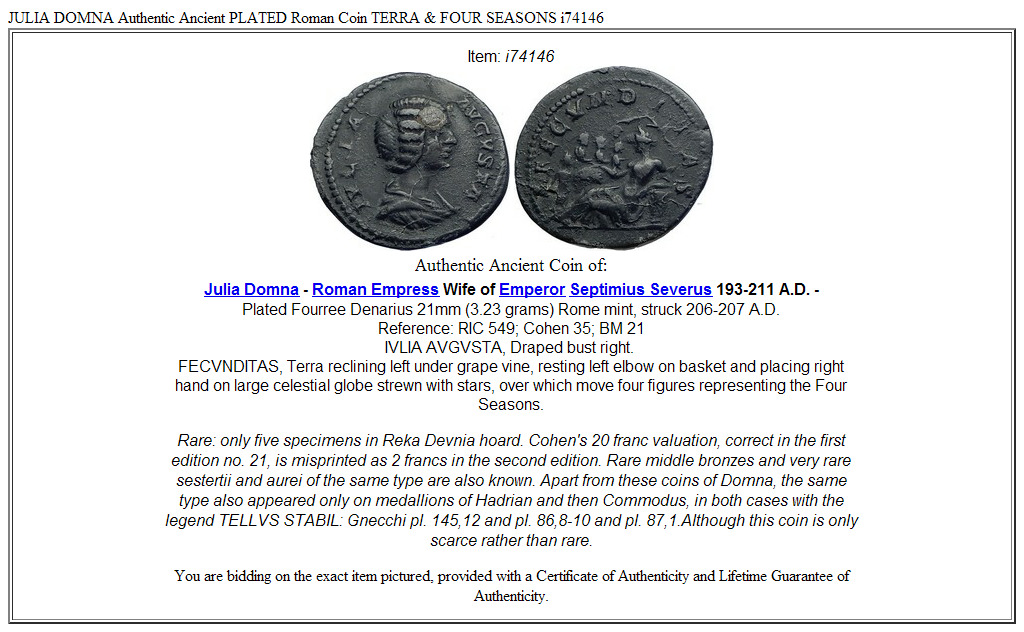 JULIA DOMNA Authentic Ancient PLATED Roman Coin TERRA & FOUR SEASONS i74146