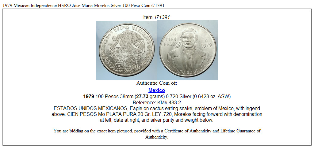 1979 Mexican Independence HERO Jose Maria Morelos Silver 100 Peso Coin i71391