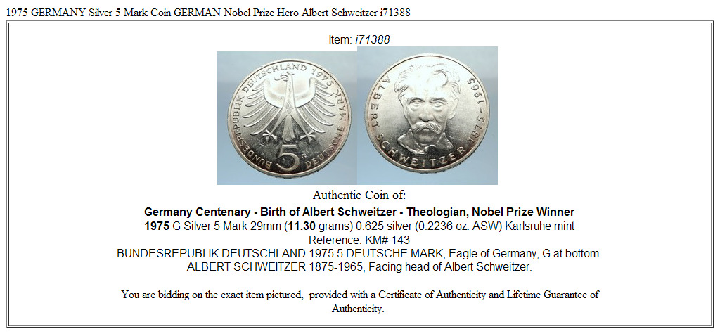 1975 GERMANY Silver 5 Mark Coin GERMAN Nobel Prize Hero Albert Schweitzer i71388