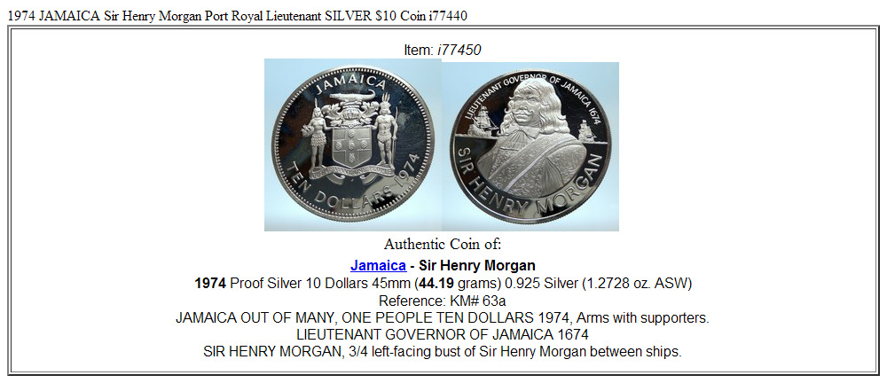 1974 JAMAICA Sir Henry Morgan Port Royal Lieutenant SILVER $10 Coin i77450