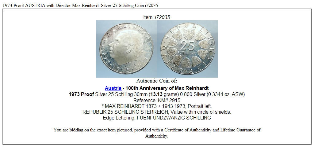 1973 Proof AUSTRIA with Director Max Reinhardt Silver 25 Schilling Coin i72035